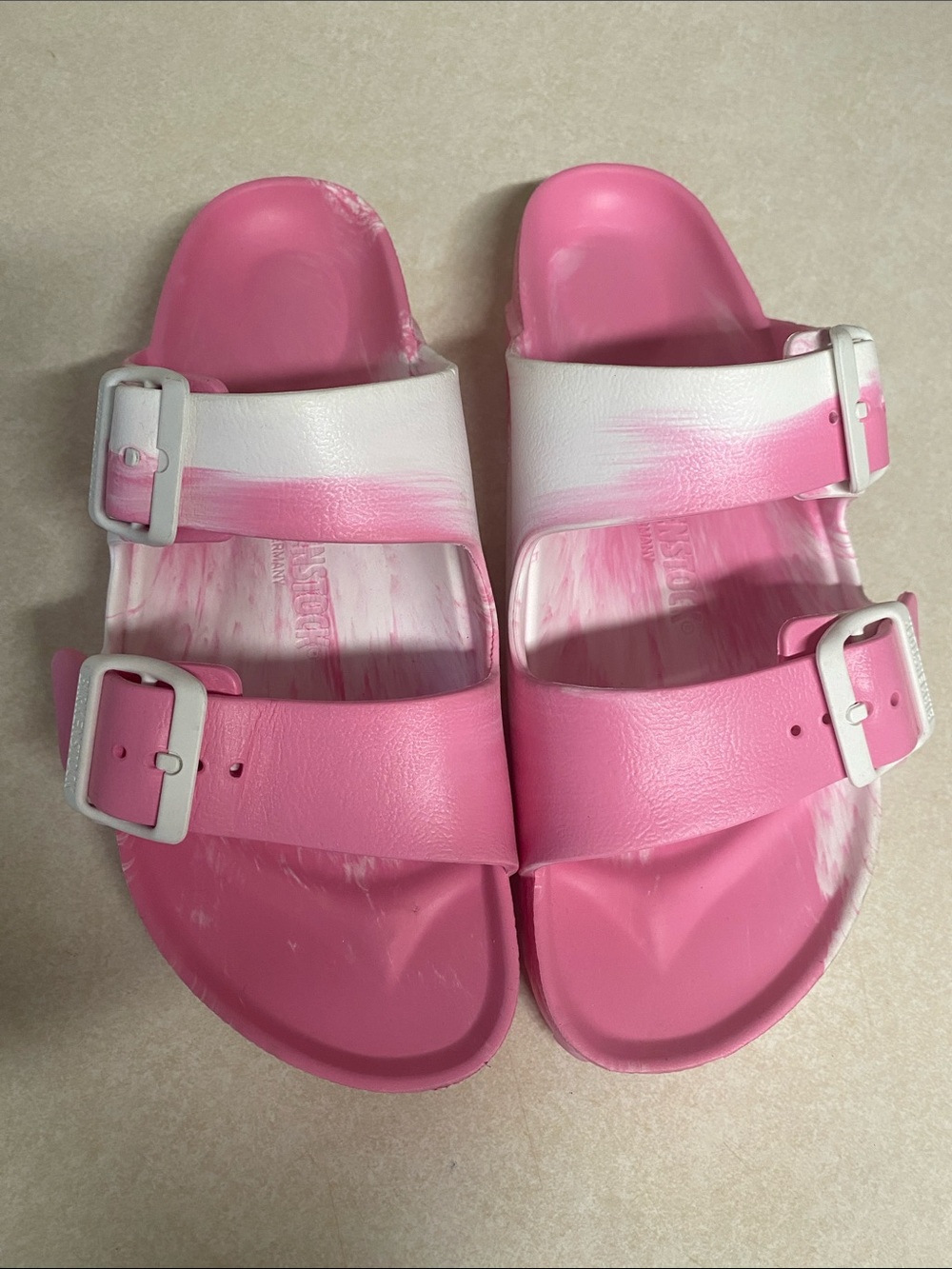 Birkenstock Pink and White Two-Strap EVA Slides L6 - Picture 2 of 10